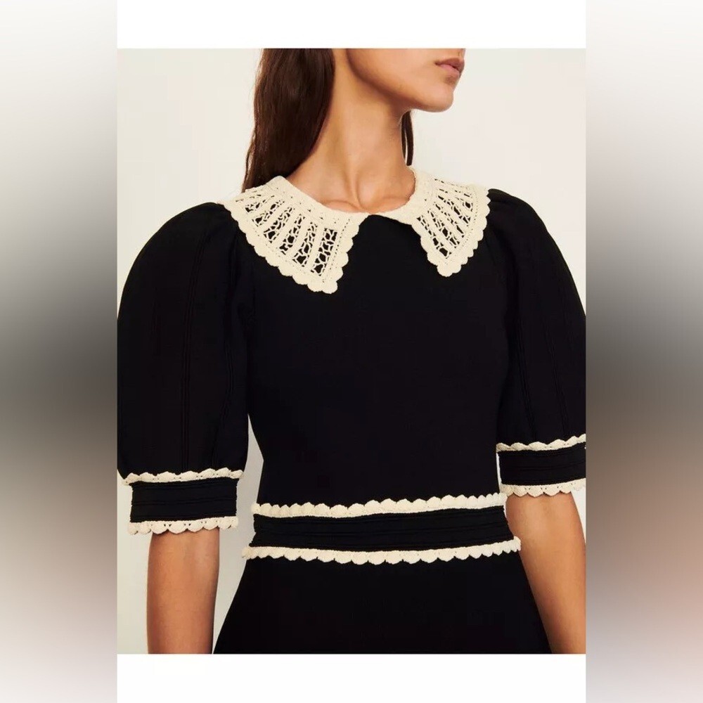 Sandro Dress Women's Size 40 FR Black Knit Collar Crochet Lace A-Line Skirt - Picture 5 of 14
